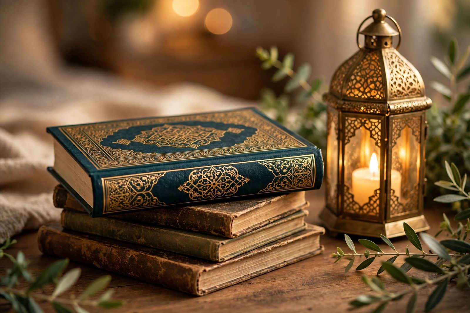 Un Coran relié posé sur des livres, à côté d'une lanterne allumée