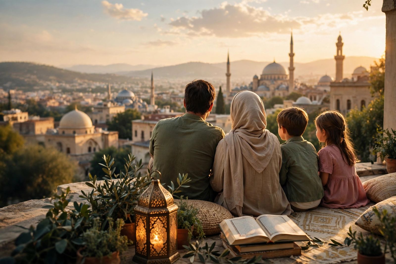 Une famille réunie au coucher du soleil, un Coran ouvert et une lanterne allumée
