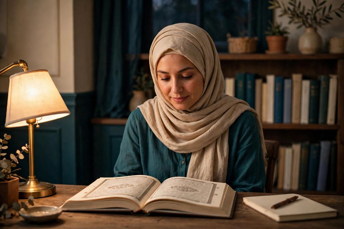 Une femme lit le Coran chez elle, le soir, à la lumière d'une lampe